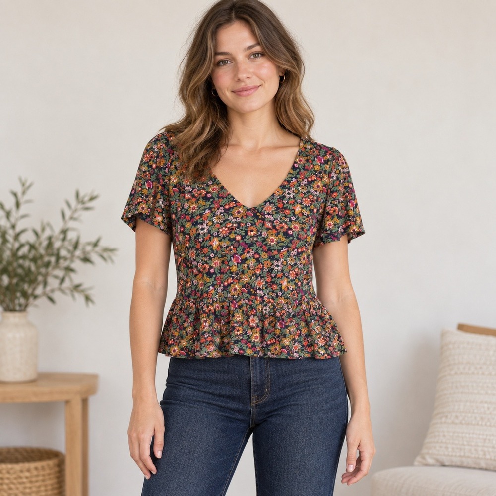 Floral V-Neck Peplum Top Short Sleeve Elastic Waist Blouse Navy Orange Large